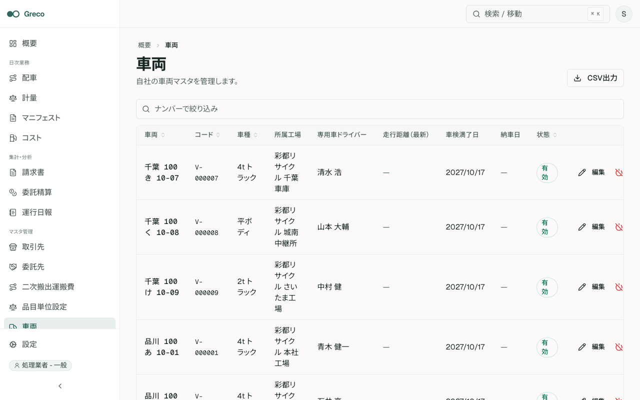 車両一覧。コード、ナンバー、車種、所属工場、専用車、状態、車検期限を確認できる