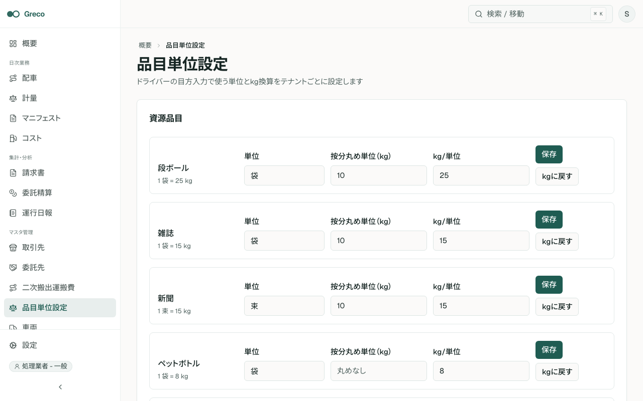 品目単位設定。品目ごとの単位、kg/単位、按分丸め単位の入力欄が並ぶ