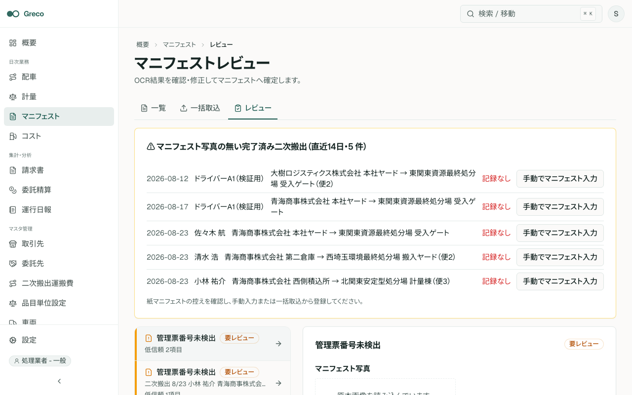 OCRレビューキュー。原本、低信頼バッジ、候補値、確定/破棄の操作が並ぶ
